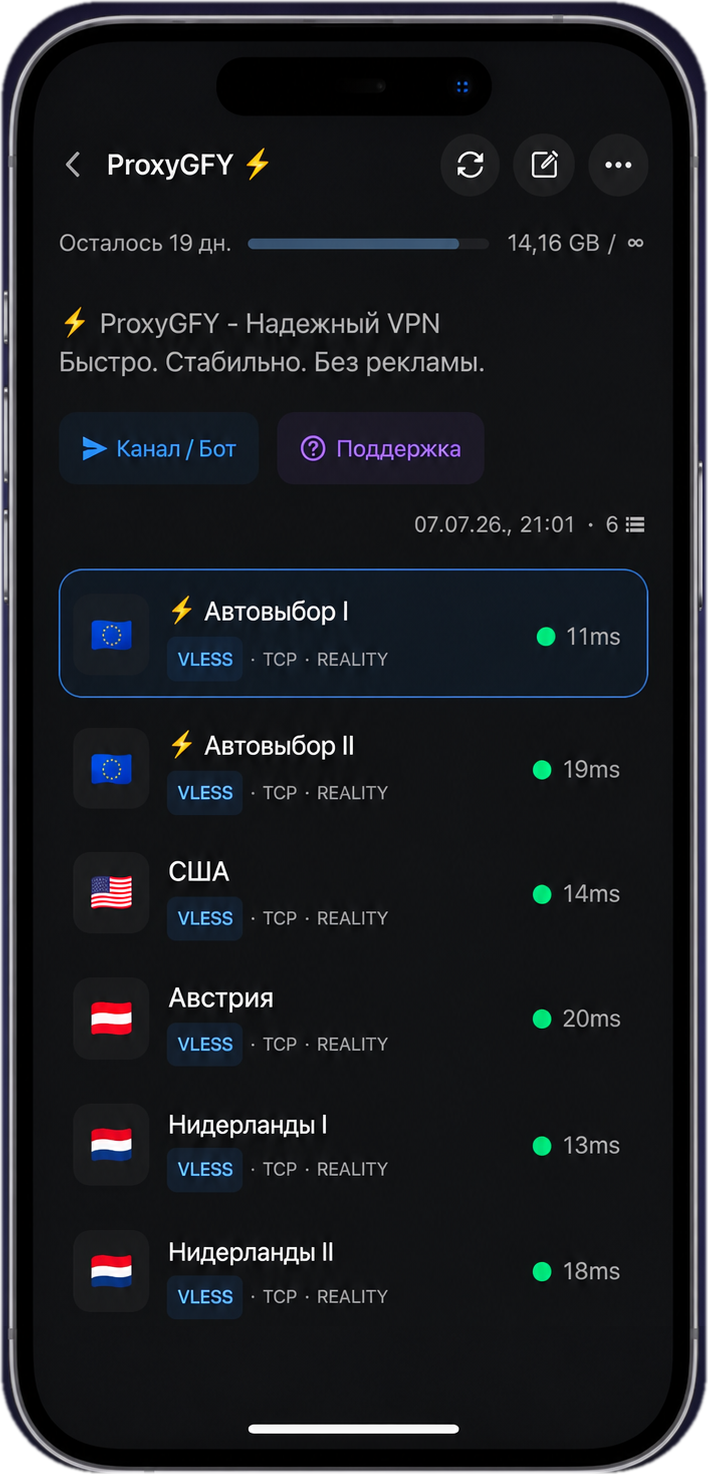 Интерфейс ProxyGFY с шестью VPN-серверами